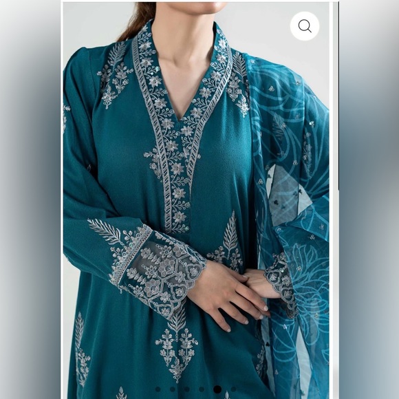 M. BASICS By MARIA. B. Elegant Teal Embroidered Suit - Picture 2 of 16